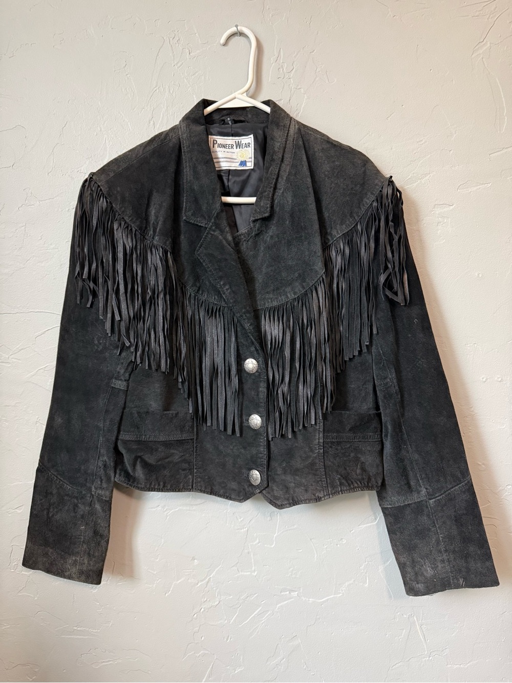 Vintage Pioneer Wear Suede Leather Western Fringe Jacket Coat Faded Black Sz L